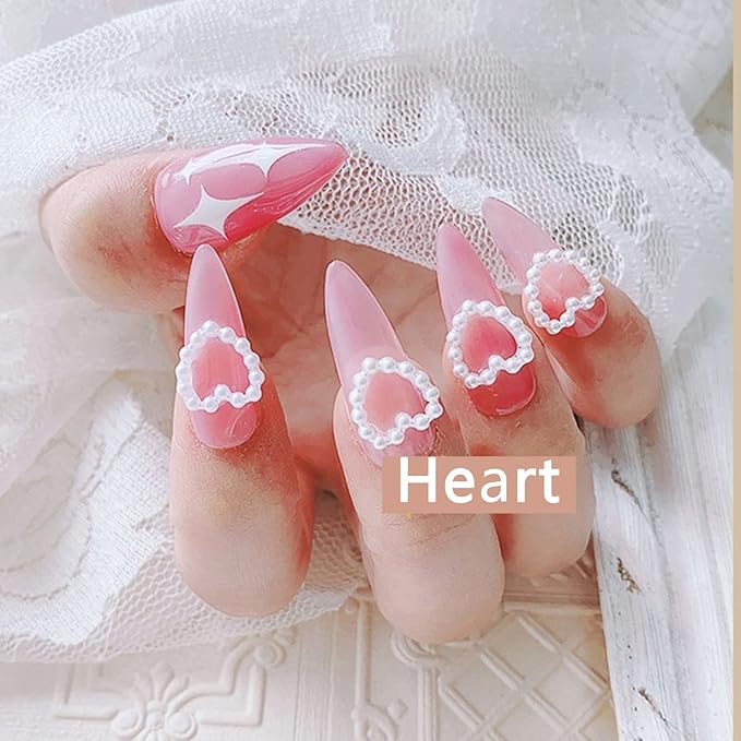 500 Pcs Creamy-white Pearls Heart Nail Charms Mixed Styles Flatback Heart Cute Assorted Pearls Heart Beads 3D Nail Art Charms Embellishments for Nail Art DIY Crafts Accessories
