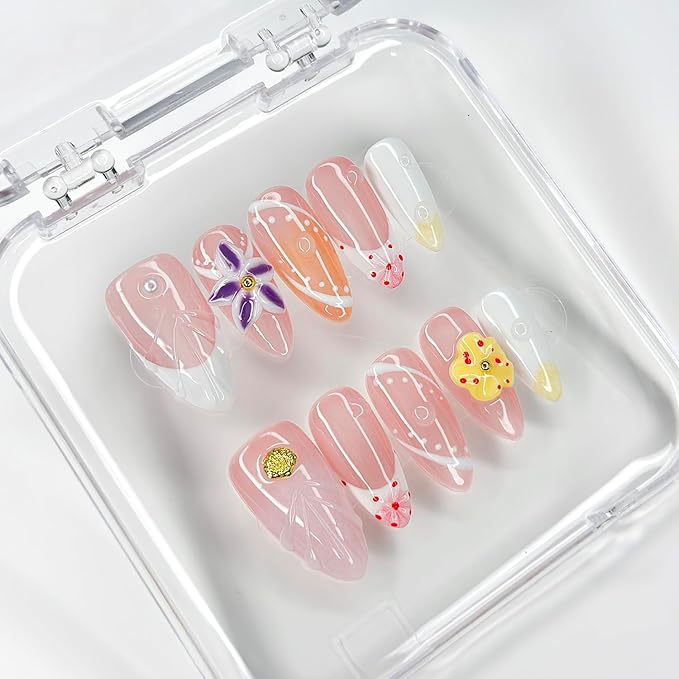 Luxury Press on Nails Medium Almond Handmade 3D Unique Reusable ABS Material Fake Nails French Tip False Nails with Designs Yellow&Purple Floral Art Petal Glossy Glue on Nails Thick Acrylic Nails(M)