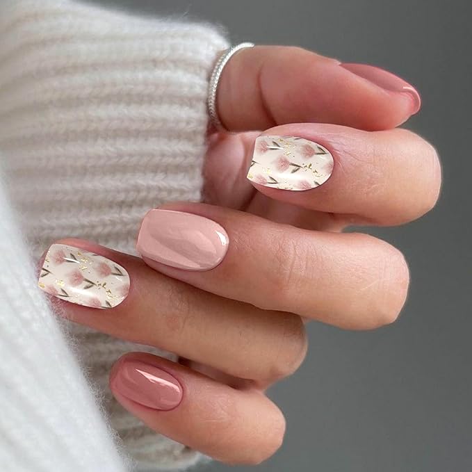 Pink Purple Semi Cured Gel Nail Strips 20Pcs Summer Flower Gel Nail Stickers UV/LED Light Needed Full Polish Self Adhesive Nails Wraps with Design Glossy Nails Polish Strips for Women