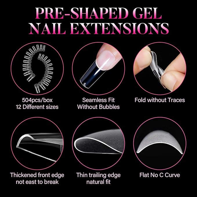 AIMEILI Long Square Nail Tips Soft Gel Tips 12 Sizes, 504Pcs Pre Shaped Half Matte Press On Nails False Nails for Nail DIY Art Nail Extensions Acrylic Nails