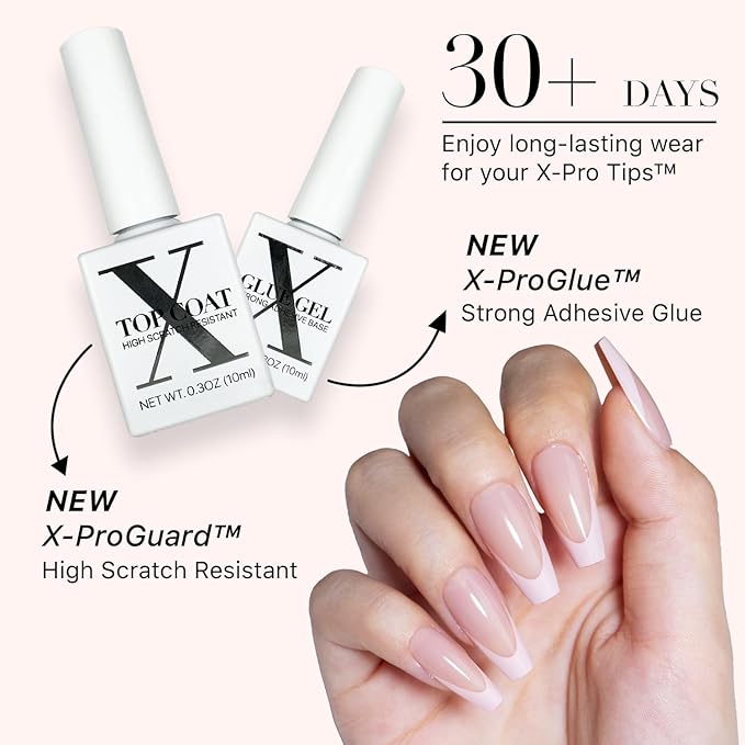 SXC Cosmetics French Tip Press On Nails - Skin Tone Nude and Color Series, Medium Coffin X-Pro Tips Starter Kit ST120KIT
