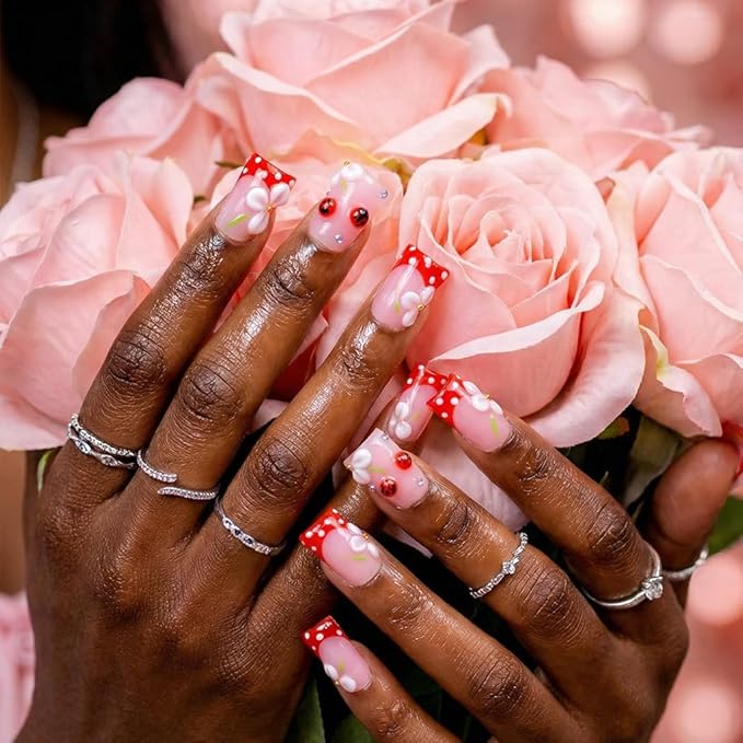 10 Pieces Luxury Acrylic Press On Nails Short Handmade Red Duck Nails,Thickened False French Nails, Three-dimensional Petals And Ladybugs, Reusable Fake Nails, Acrylic Nails (S)