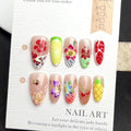 30Pcs Handmade Press on Nails Medium Almond Fake Nails French Tip False Nails with 3D Gold Beads Unique Flower Fruit Designs Petal Glossy Glue on Nail Reusable Acrylic Nails for Women