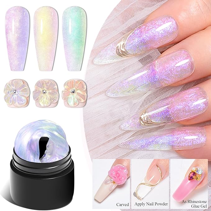 MEET ACROSS Solid Builder Gel For Nails, Aurora Purple Pink Green Non-Sticky Hand Sculpting Gel For Nail Art with Silicone Carving Pen Professional Nail Salon Supplies