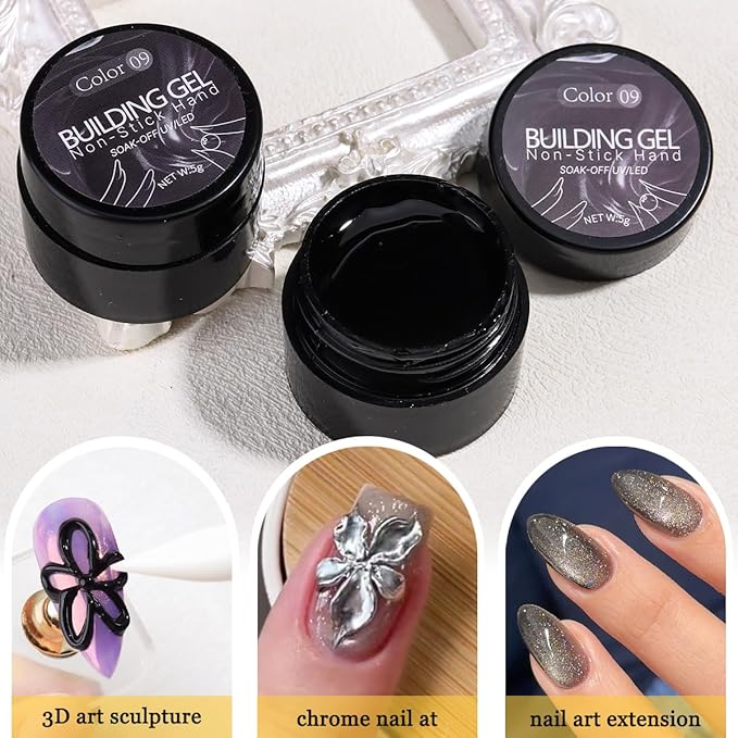 Solid Builder Gel Kit, 2PCS Black 3D Sculpting Gel Non-Sticky Hand Carving Gels with Silicone Pen Hard Gels for Nails Molding 3D Flowers Nail Design Manicure Salon Supplies