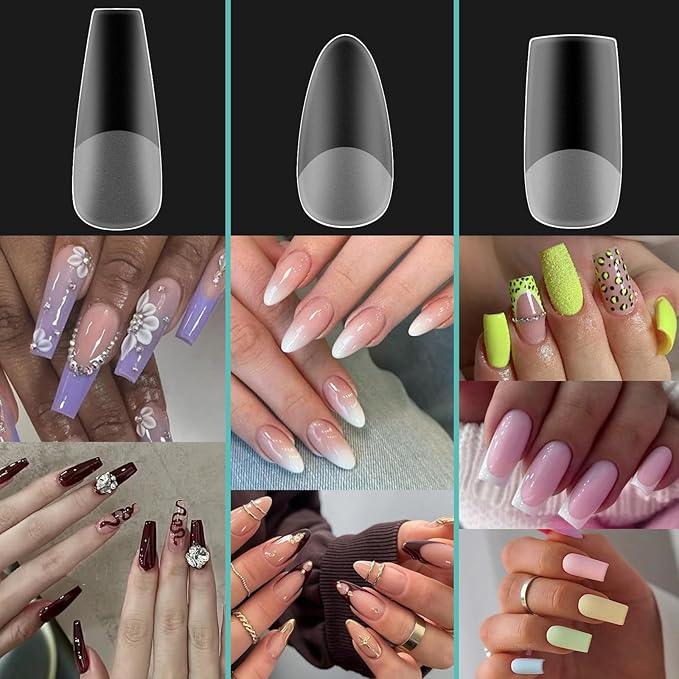 3 Shapes Soft Gel Nail Tips Almond Square Coffin Kit, Pre-buff Inner & Full Matte Surface Acrylic Etch X False Nail 12 Sizes 360Pcs, Clear Press On Nails for Extension Manicure Daily Nail Art, BlueZOO