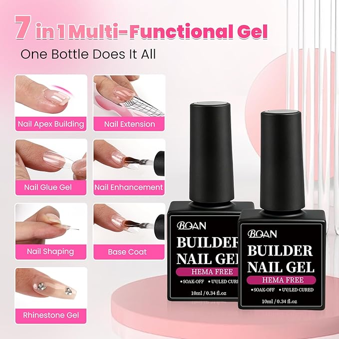 BQAN HEMA-Free Builder Gel, 7-in-1 Self-Leveling Nail Extension Gel with Base/Apex/Strengthener, Low Odor UV/LED Lamp Cured, 2Pcs Professional Nail Building System for Salon & Home (Clear & Nude Pink)