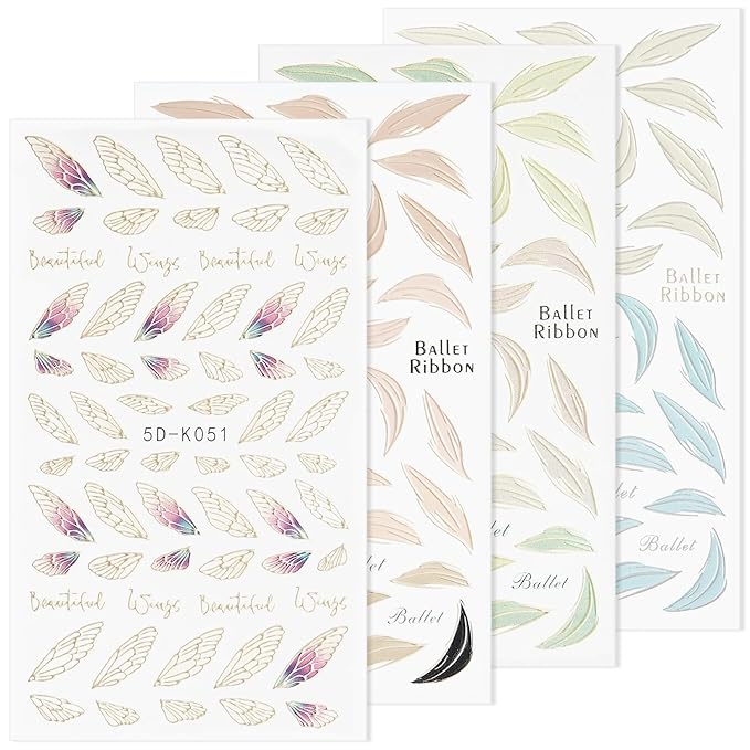 Nail Stickers, 4 Sheets 5D Angel Wing Embossed Feather Designs for Manicure