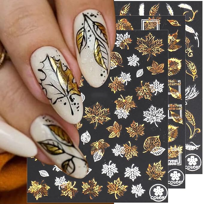 Autumn Leaves Nail Decals,Bronzing Fall Nail Stickers White Laser Gold Maple Leaf Nail Art Stickers,3D Self-Adhesive Stickers for Nails Decorations Accessories Women DIY Nail Supplies,9 Sheets/Set