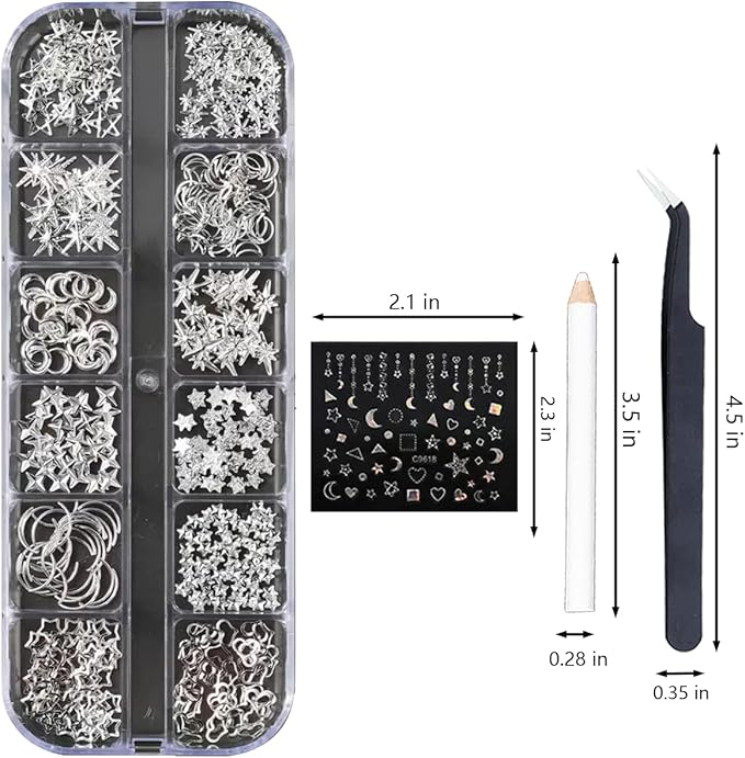 Silver Nail Charms Nail Art Kit with 30 Sheets Silver Nail Stickers, 5 Boxes of Nail Gems Nail Art Tools Nail Rhinestones for Nails, Nail Supplies 3D Nail Charms and Gems Nail Decals Nail Pearls