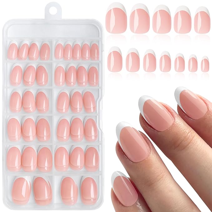 120PC White French Tip Press on Nails Short Fake Nails Press ons with 5*Adhesive Tabs, Pink Almond Acrylic Nail Press on Nail French Tip Nails False Artificial Fingernails Stick on Nails-I