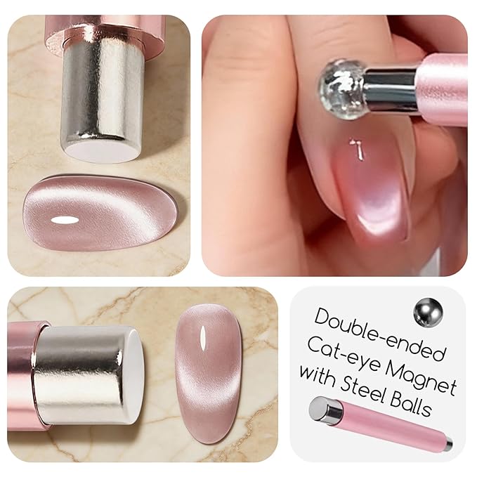 14Pcs Cat Eye Magnet For Nails Magnet Tool Set With 2 Pcs Y-Shape Iron Molds, Double-Side Cylinder And Bead Cat Eye Gel Nail Polish Magnet For Nails Different Magnet Sticks Design Tools