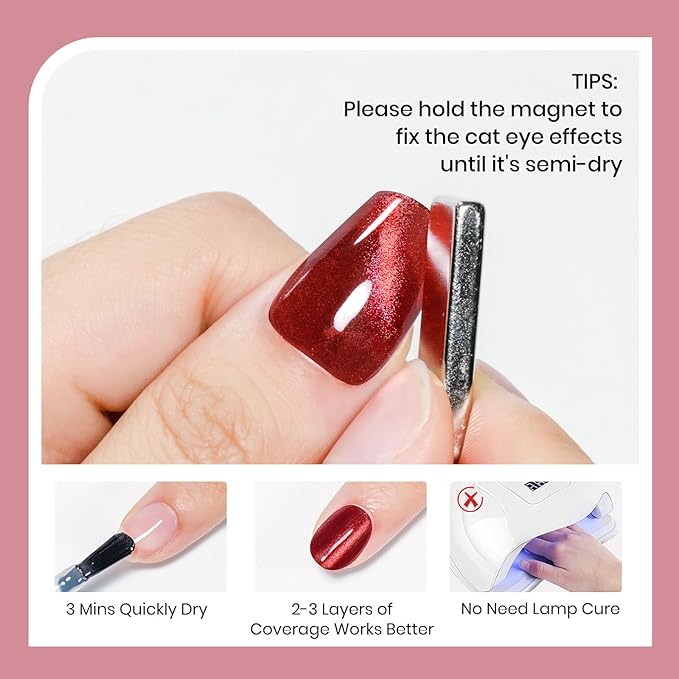 Burgundy Cat Eye Nail Polish Non Gel, Quick Dry Magnetic Nail Polish for Fingernail Air Drying Fast Lacquer, Chip Resistant, Vegan, Fast Drying, Long Lasting16ml/0.54fl oz
