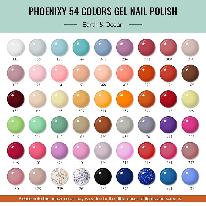 phoenixy 62 PCS Gel Nail Polish Set, 54 Colors Gel Polish with Base Coat & Glossy/Matte/Glitter Top Coat All Seasons Nail Polish Set Gifts for Women Girls