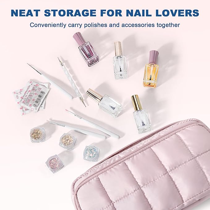 LUXJA Puffy Nail Polish Organizer Case Holds 12-18 Bottles (15ml/0.5 fl.oz), Lightweight Nail Polish Storage with Pockets for Manicure Kit (Bag Only), Pink
