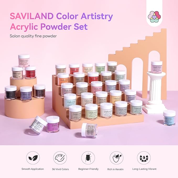 SAVILAND Color Artistry Acrylic Powder Set 36 Colors: Creative Palette Keratin Acrylic Nail Powder Pink Nude Yellow White Nail Powders Kit For Extension Carving DIY Manicure 10g