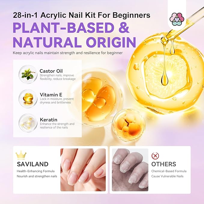 SAVILAND Acrylic Nail Kit with Drill: Nail Kit Acrylic Set with Everything for Beginners Glitter Powder and Liquid Set 100 Nails Tips Home DIY Manicure Salon