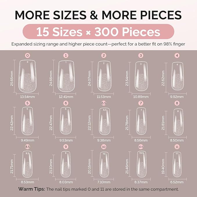 MelodySusie Medium Square X Nail Tips - 300Pcs 15 Sizes Clear Acrylic, Half Matte Full Cover Press on Nails for DIY Extension & Salon Use, Pre-Shaped for Long-Lasting Manicure