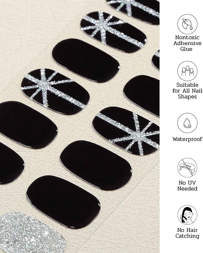 Nail Polish Strips (No UV Lamp Needed) - 22 Pcs Salon Quality Gel Nail Stickers - Long Lasting Wraps (Saint Black Glitter)