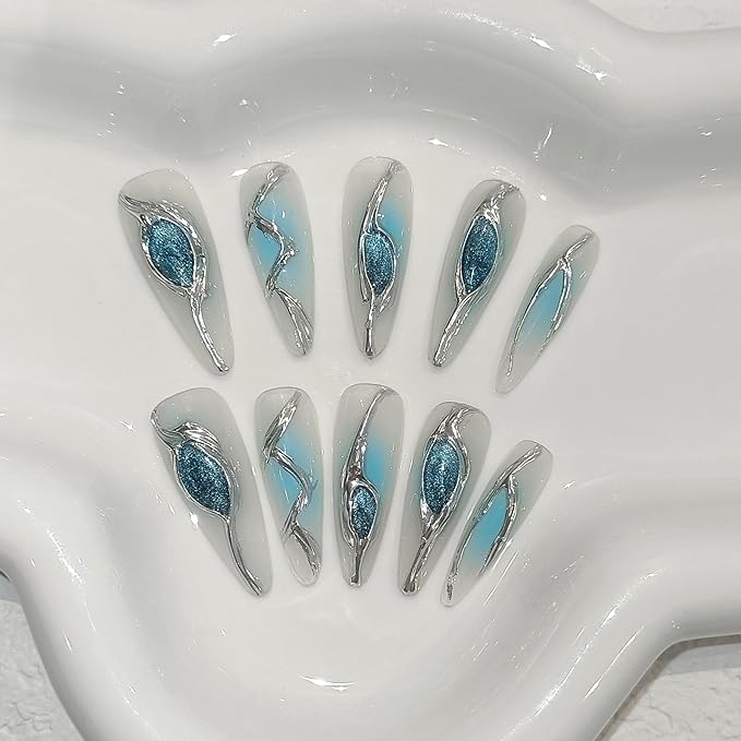 10PCS Long Stiletto Press on Nails with Tools Kit - Icy Ocean Blue Cat Eye & Metallic Liquid Design Glue on Nails | Rebel Glam 3D Relief Fake Nails | Long Sparkling Mermaid False Nails(XS)