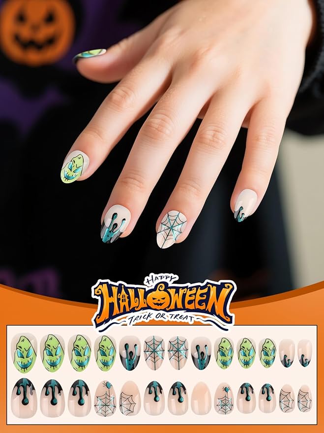 26 Pieces Halloween Press on Nails for Kids, EBANKU Kid Fake Nail Kit Green Spider Web Nightmare Press on Nails for Girls 7-12 Years with Nail Glue