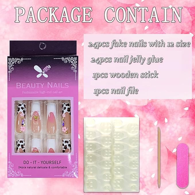 Press on Nails Coffin Long Length Acrylic Glossy Full Cover Square Shaped French False Nails with Designs Artificial Extra Long Fake Nails with Charms Glue ons Fingernails for Women(AS22)