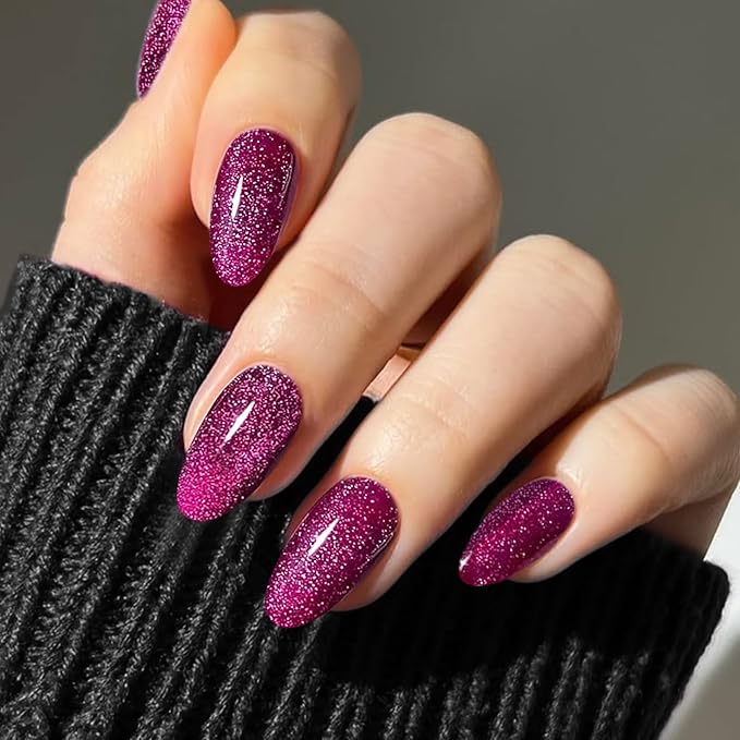 JMEOWIO Gel Nail Stickers Purple Red Glitter Cat Eyes Semi Cured Gel Nail Strips Wraps UV/LED Nails Art Design Decoration Accessories