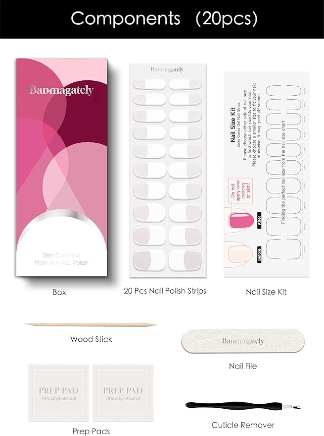 Semi Cured Gel Nail Strips, 20Pcs Long Lasting Salon Quality Wraps, Easy Apply & Remove Gel Nail Stickers with UV Light (Silk Tip White)