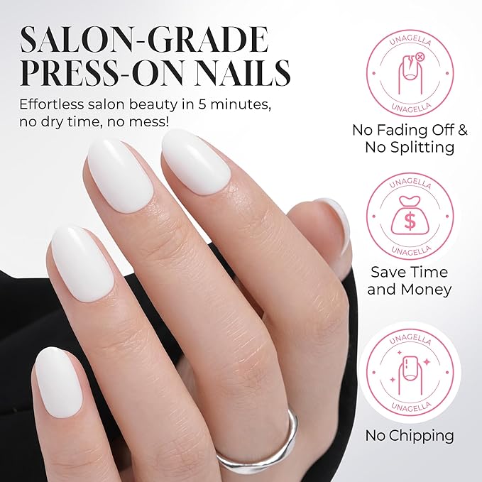 UNA GELLA 32Pcs Soft Gel Press on Nails Oval - 16 Sizes Milky White Round Glue on Nails, Reusable Solid Color False Nails, Full Cover Acrylic Nail Kit for Women DIY Home Manicure