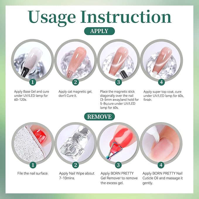 Born Pretty Green Cat Magnetic Eye Gel Nail Polish Jelly Olive Emerald Green Crystal Glass Magnetic Shimmer Glitter Nail Polish Salon Gel Manicure DIY at Home 7ML 6PCS