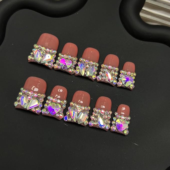 10pcs Handmade Press on Nails for Women - Medium Duck Curve 3D Thick Acrylic Fake Nails Reusable,Designer Floral Butterfly Rhinestones Bling Boho Funky Y2k Nail-art Set,L,iridescence