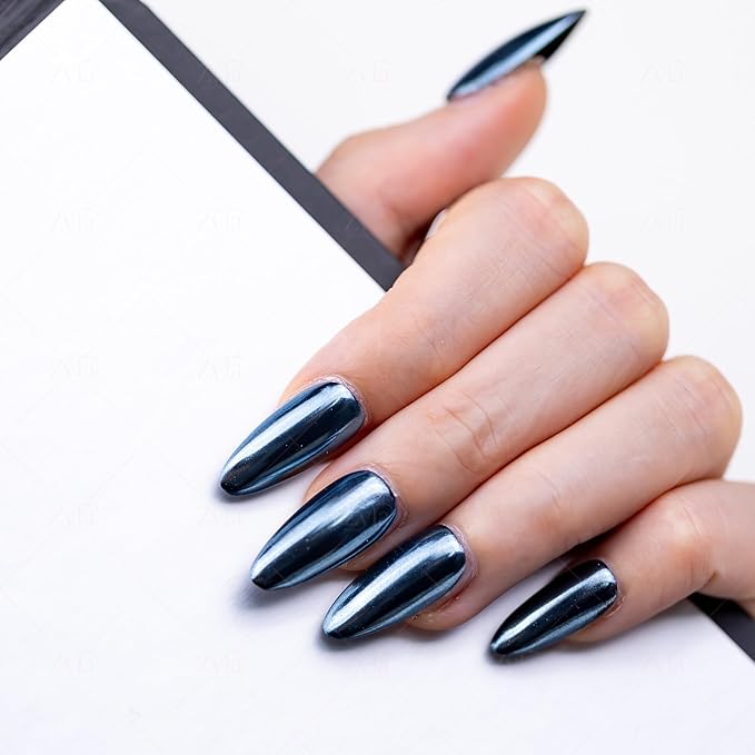 10 Pieces Handmade Press On Nails Medium Almond, Metallic Blue Thickened False Nails, Reusable Fake Nails Almond, Reusable Acrylic Nails (S)