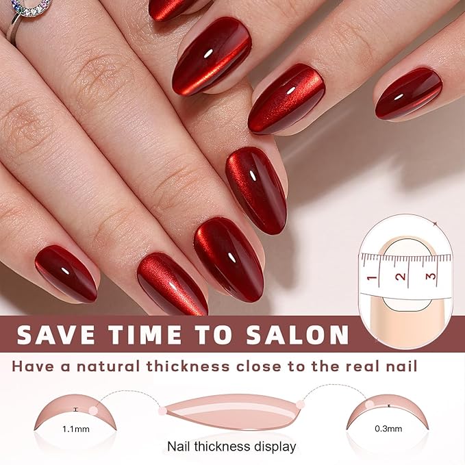 Red Magnet Cat Eyes Press on Nails Short Almond, Aurora Mirror Chrome Red Soft Gel Stick on Nails with Glue, 32pcs 16 Sizes Glossy Glitter Reusable Easy Salon Nail Manicure for Women Girls