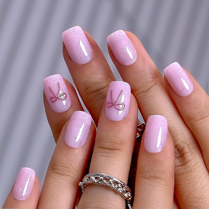 CurvLife Soft Gel Press On Nails Square, Long-Lasting Reusable Fake Nails Kit with Glue & Tabs, 30pcs Salon-Quality Stick On Nails for Women At-Home Manicure (Sparkle Bow)