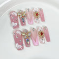 Handmade Press on Nails Long Coffin Fake Nails with 3D Butterfly Rhinestones Designs False Nail Pink Sparkly Acrylic Nails French Tip for Women 10pcs (Size M）
