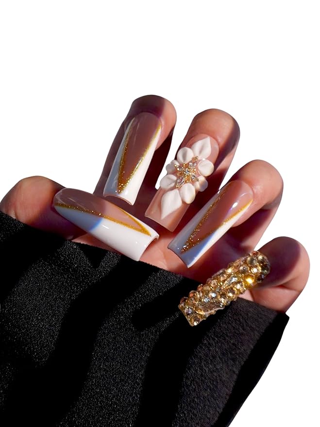 HAND-PAINTED White Press Ons Neon Small Press on Nails Long French Press on Nails Coffin Medium Short Nail art Fake Nail Art Kit with 7g Glue on Nails Handmade Almond Square Nails (TJ-15, Medium)