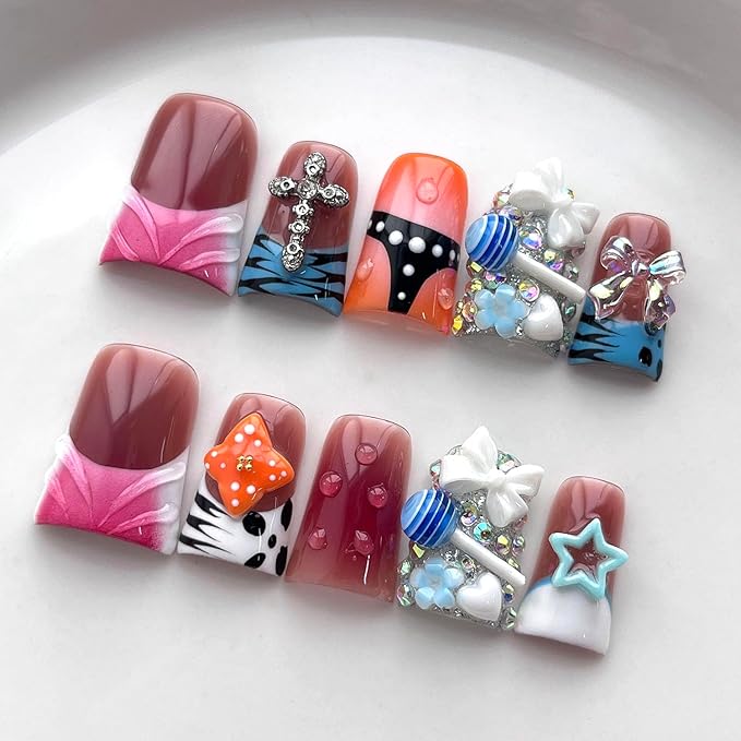 French Tip Press on Nails Handmade Short Duck 3D Flower Thick Acrylic Nails Cool False Nails with Flower Bow Rhinestones Lollipop Designs Cute Glossy Fake Nail Sturdy Art Press on Nail 10Pcs(M)