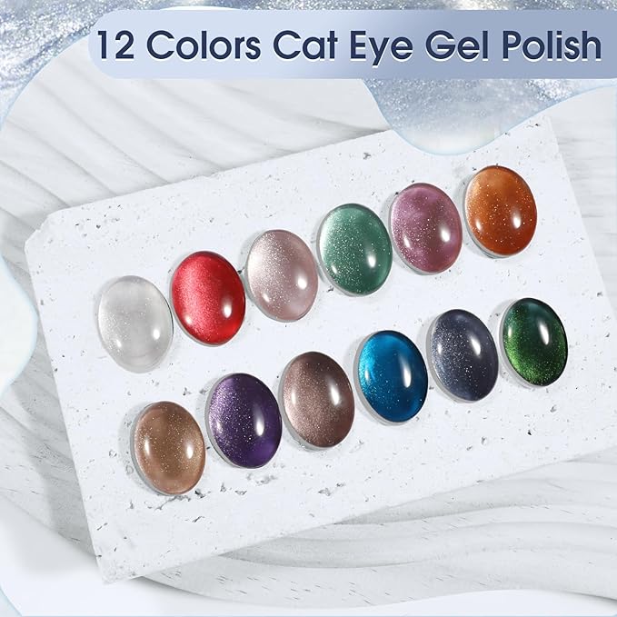 ROSALIND Cat Eye Gel Nail Polish - 12 Colors Cateye Gel Polish with Magnet Stick Sparkle Diamond Effect Soak Off UV Set Magic Magnetic Glitter Nail Art Collection Manicure Gift for Women