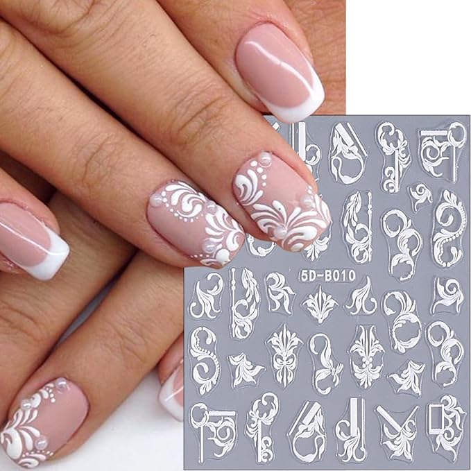 2 Sheets Embossed Flowers Nail Art Stickers Self-Adhesive White Vine Pattern Nail Supplies 5D Flower Nail Stickers for Nail Art Spring Floral Nail Decals for Women Girls DIY Nail Decoration