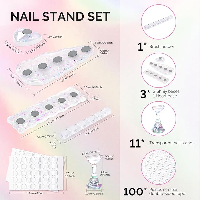 MelodySusie Nail Stand for Press Ons, 3 PCS Shiny Magnetic Bases Sets for Practice Painting Display with Brush Holder and 100 Pcs Reusable Double-Sided Tape for Home DIY Salon Supplies