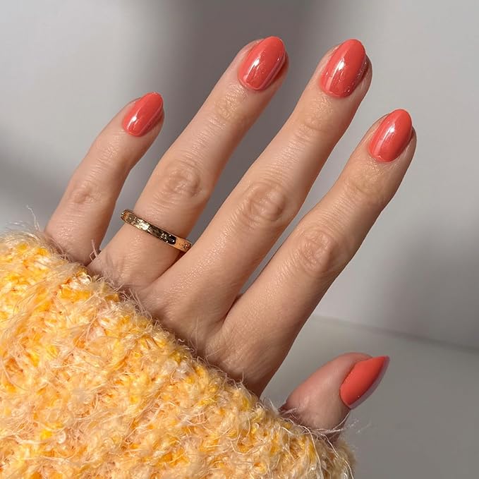 Valentines Day Glamnetic Press On Nails - Lush Coral | Short Oval Fake Nails in a Bright Coral Hue with a Glazed Finish, Salon Quality | 15 Sizes - 30 Nail Kit with Glue