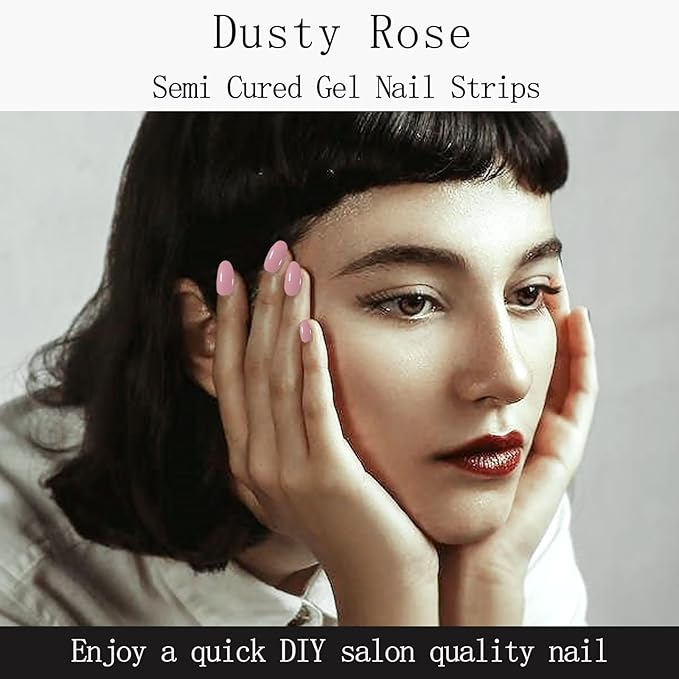 20Pcs Semi Cured Gel Nail Strips Dusty Rose Gel Nail Stickers Polish Nails Wraps UV/LED Light Needed Full Gloss Nails Polish Strips for Women Includes Prep Pads, File, Wooden Cuticle Stick