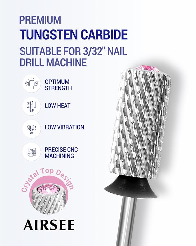 AIRSEE Tungsten Carbide Acrylic Nail Drill Bit Efile Electric File Machine Head Tip for Manicure Polishing Art Remove Gel 3/32" 2 Way Beginner Safety Pink Crystal Top Barrel Extra Coarse-XC