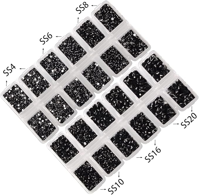 10000 Pieces Rhinestones 6 Sizes Round Crystal Glass Flat Back Rhinestones with 1Tweezers and 1Picking Pen for Nail Art Crafts Clothes Bags DIY (Black)