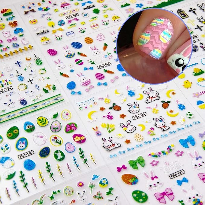 30 Sheets Easter Nail Art Stickers 3D Self-Adhesive Rabbit Nail Decals Cute Bunny Egg Nail Art Design for Women Nails Art Decorations Manicure Accessories