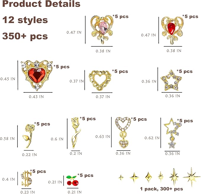 350 Pcs Gold Nail Charms with Stars, Hearts, Dollars, Cherries, Roses for Women Nail Art Decoration DIY Craft