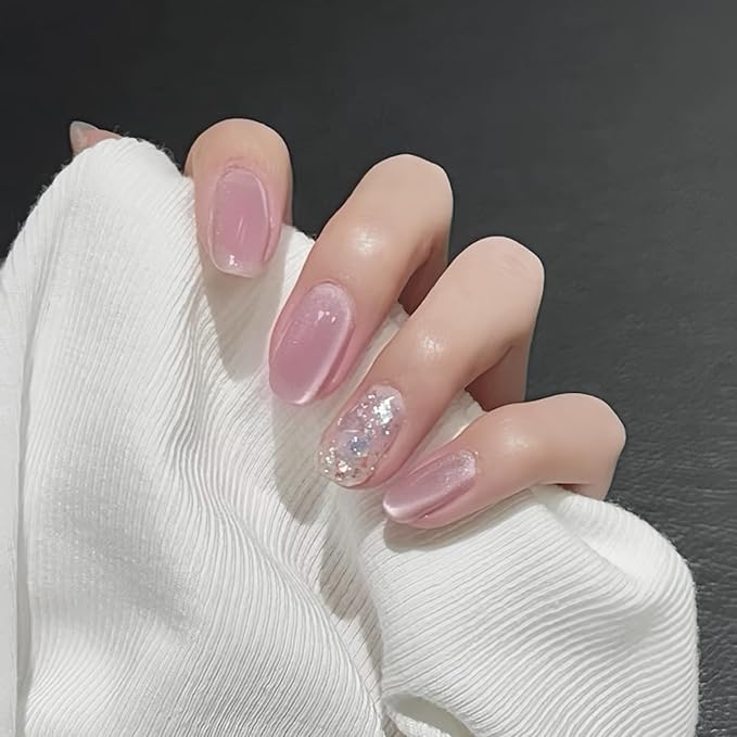 Medium Squoval Press On Nails with Cat Eye Base – Nude Pink Acrylic Fake Nails, 24PCS Glitter Glossy Stick On Nail Kit, Reusable False Nails with Adhesive & Tools for Women