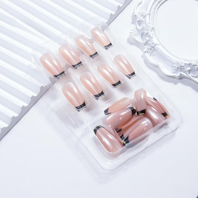 Black French Tip Press on Nails Square Medium Fake Nails Goth False Nails Press ons for Cat Eye Manicure Reusable Artificial Nail Full Cover Glossy Glue on Nail Stick on Nails for Women 24 Pcs