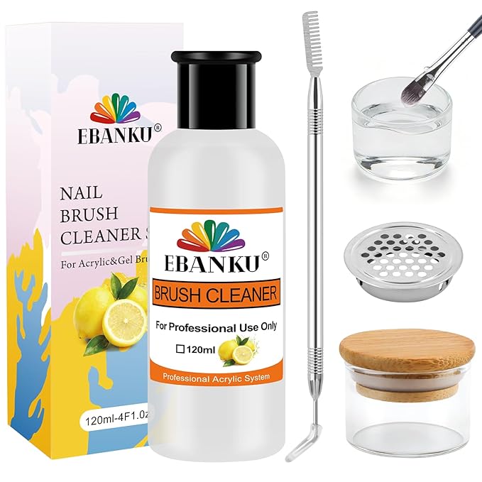 EBANKU Orange Scent 120ml Acrylic Nail Brush Cleaner, 3 in 1 Nail Art Brushes Conditioner Nail Brush Clean Solution Quickly Clean With Glass Cup and Scrub Brush for Solid Gel Polish