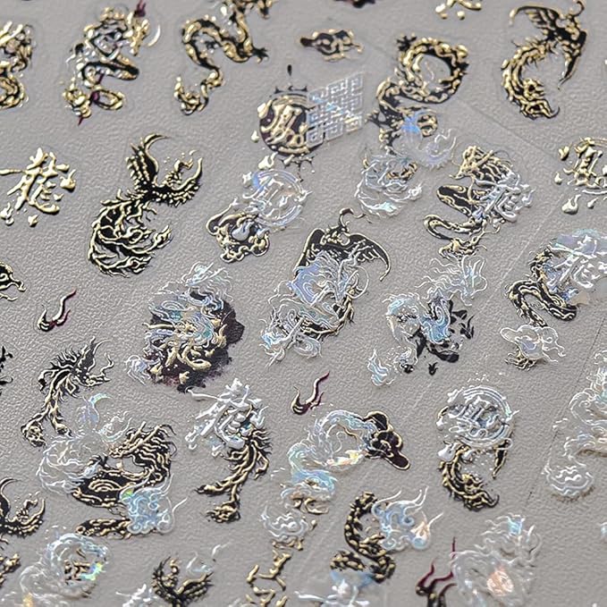 Halloween Dragon Phoenix Nail Art Stickers 5D Nail Decals Embossed Black Gold Fire Dragons Sticker for Women Girls DIY Nails Manicure Salon (Dragon)